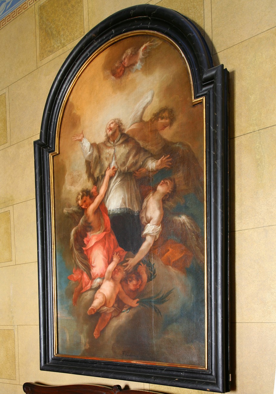 San Giovanni Nepomuceno portato in cielo dagli angeli, figura di Santo (dipinto) - ambito italiano (sec. XVII)