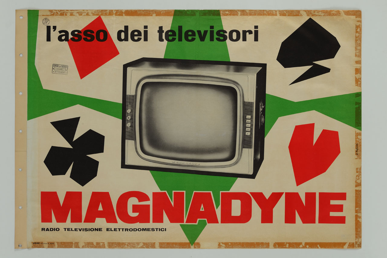 cuore, picche, quadri e e fiori circondano televisore sullo sfondo di linee geometriche verdi (manifesto) di Tubaro A - ambito italiano (sec. XX)