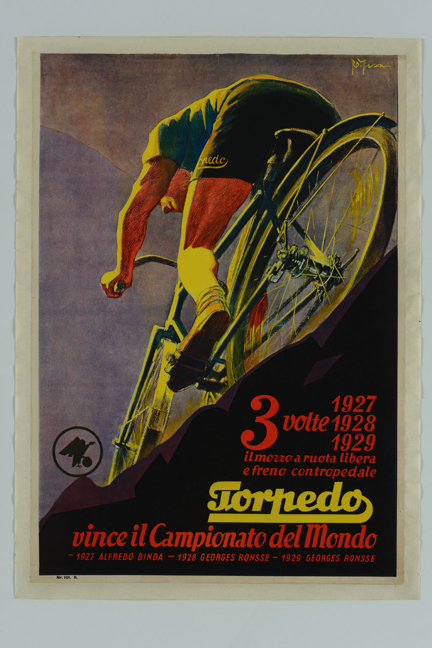 veduta di sotto in sù di ciclista in corsa su strada di montagna (manifesto) di Di Massa Romano (sec. XX)