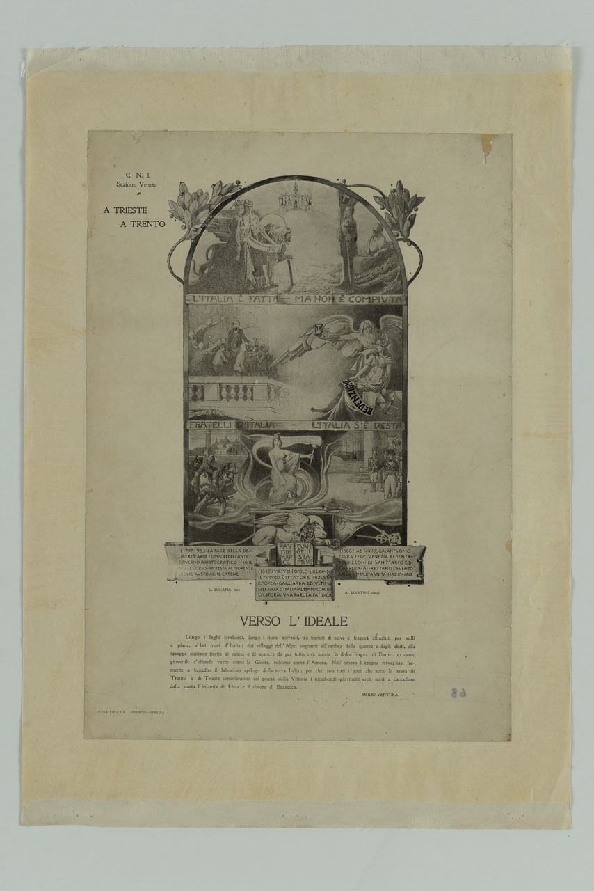 spazio centinato diviso in tre riquadri sovrapposti ospitanti scene patriottiche (manifesto) di Sugana Luigi, Martini Alberto Giacomo Spiridione (secc. XIX/ XX)