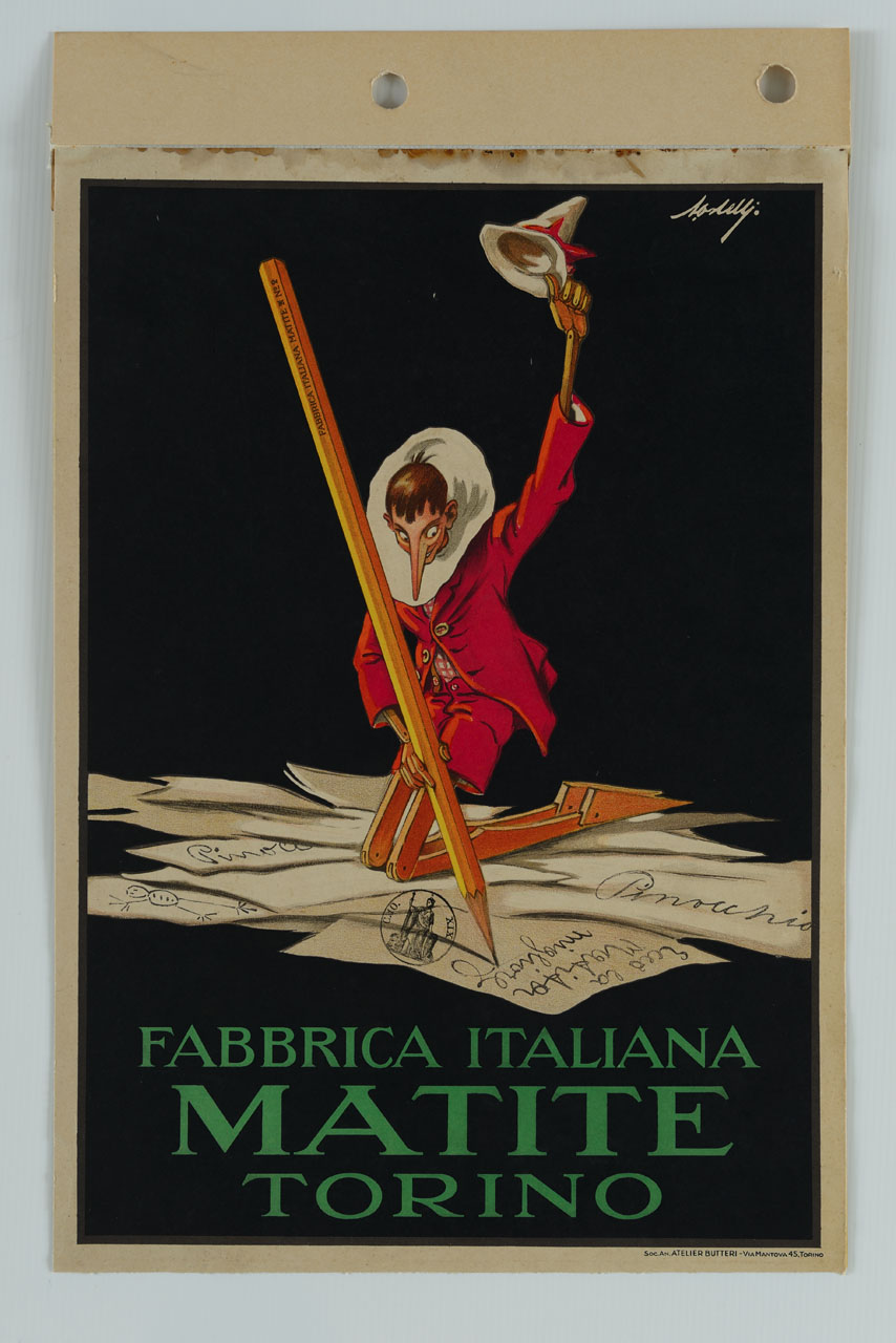 Pinocchio in ginocchio con braccio sinistro alzato a sostenere il cappello scrive e disegna su fogli di carta (manifesto) di Ortelli Alfredo (sec. XX)