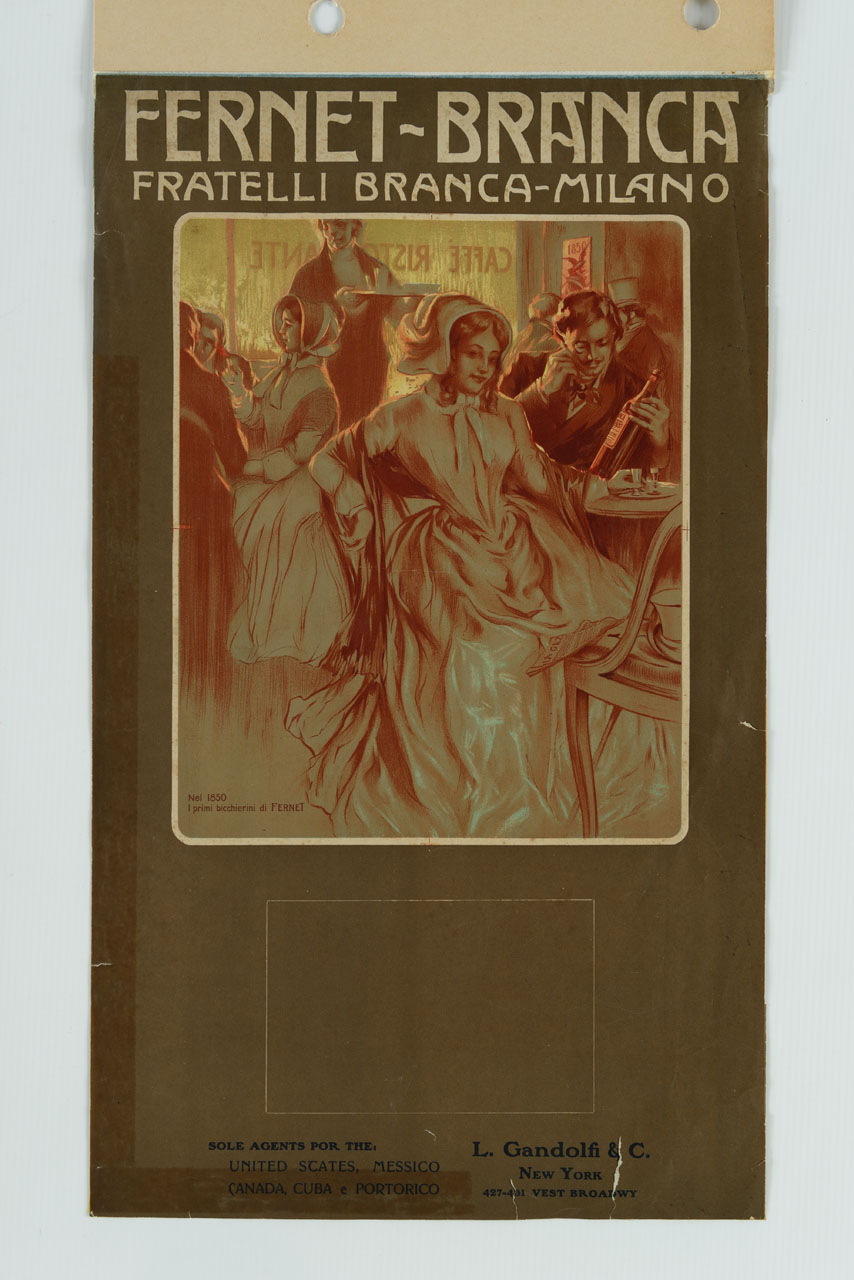 donne e uomini elegantemente vestiti seduti al bar con bicchierini di liquore (manifesto) - ambito statunitense (secc. XIX/XX)