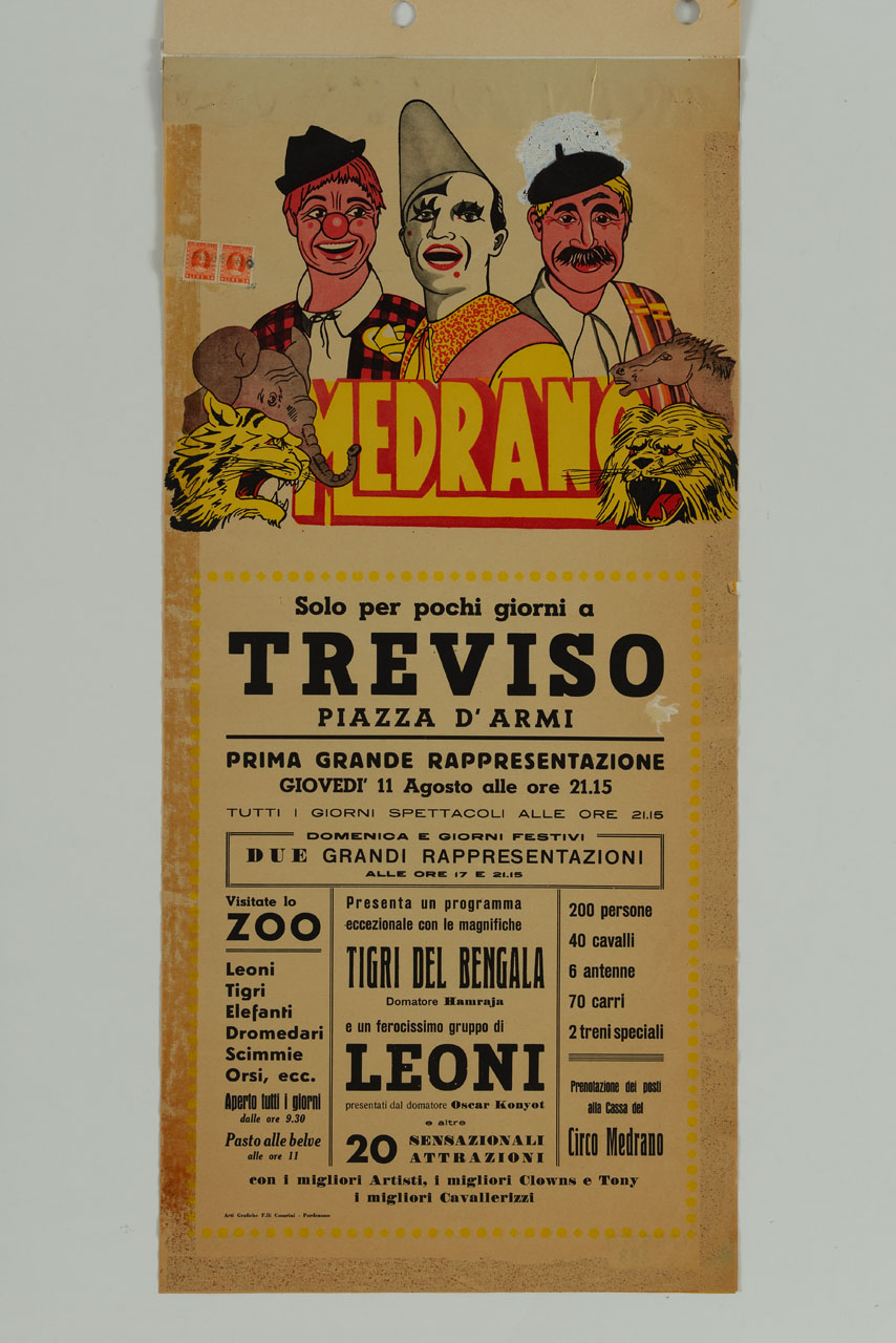 elefante tigre leone e cavallo affiancano tre clowns (manifesto) - ambito friulano (sec. XX)