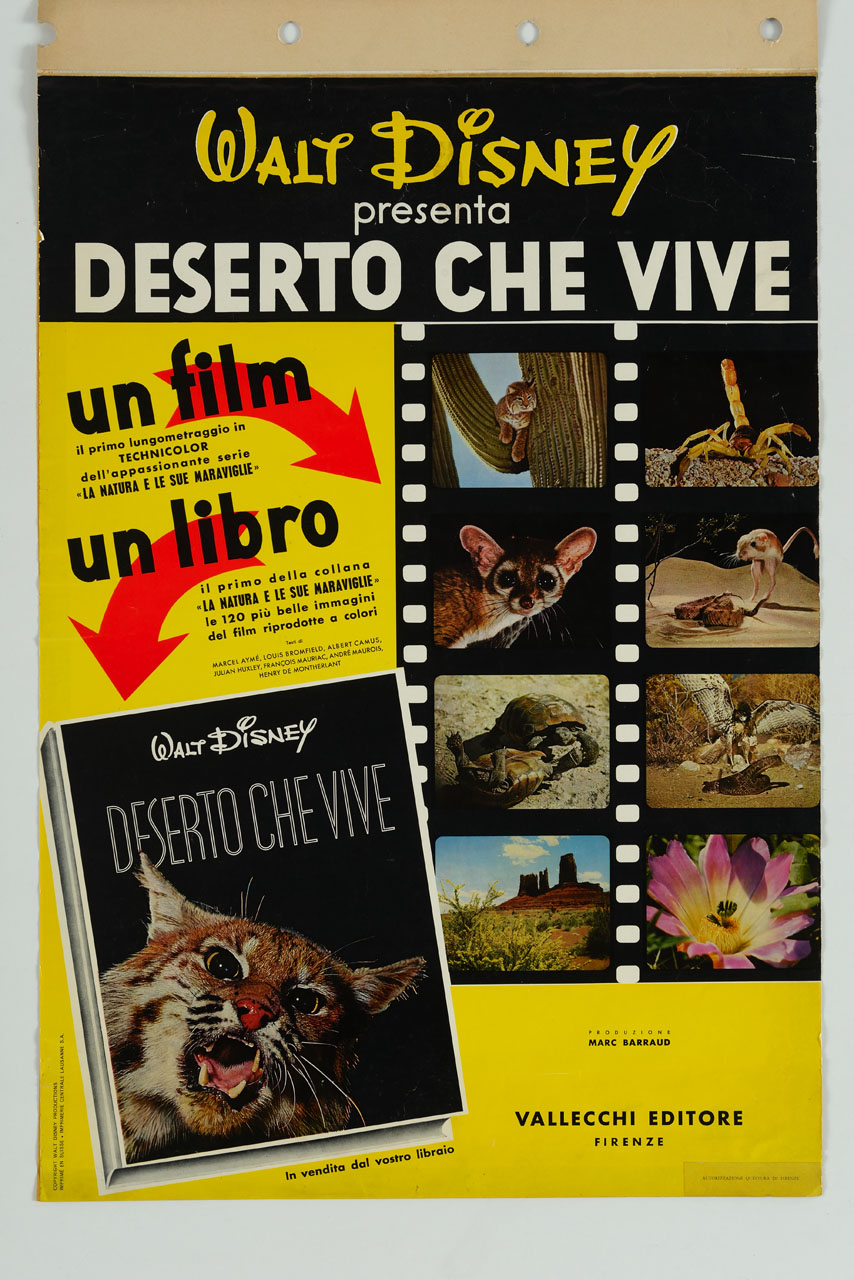 due frecce evidenziano un libro e due strisce di pellicola cinematografica con immagini di animali (manifesto) - ambito svizzero (sec. XX)