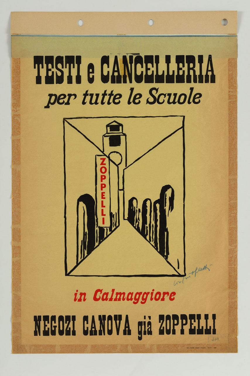 veduta stilizzata di Calmaggiore con campanile sullo sfondo (manifesto) - ambito veneto (sec. XX)