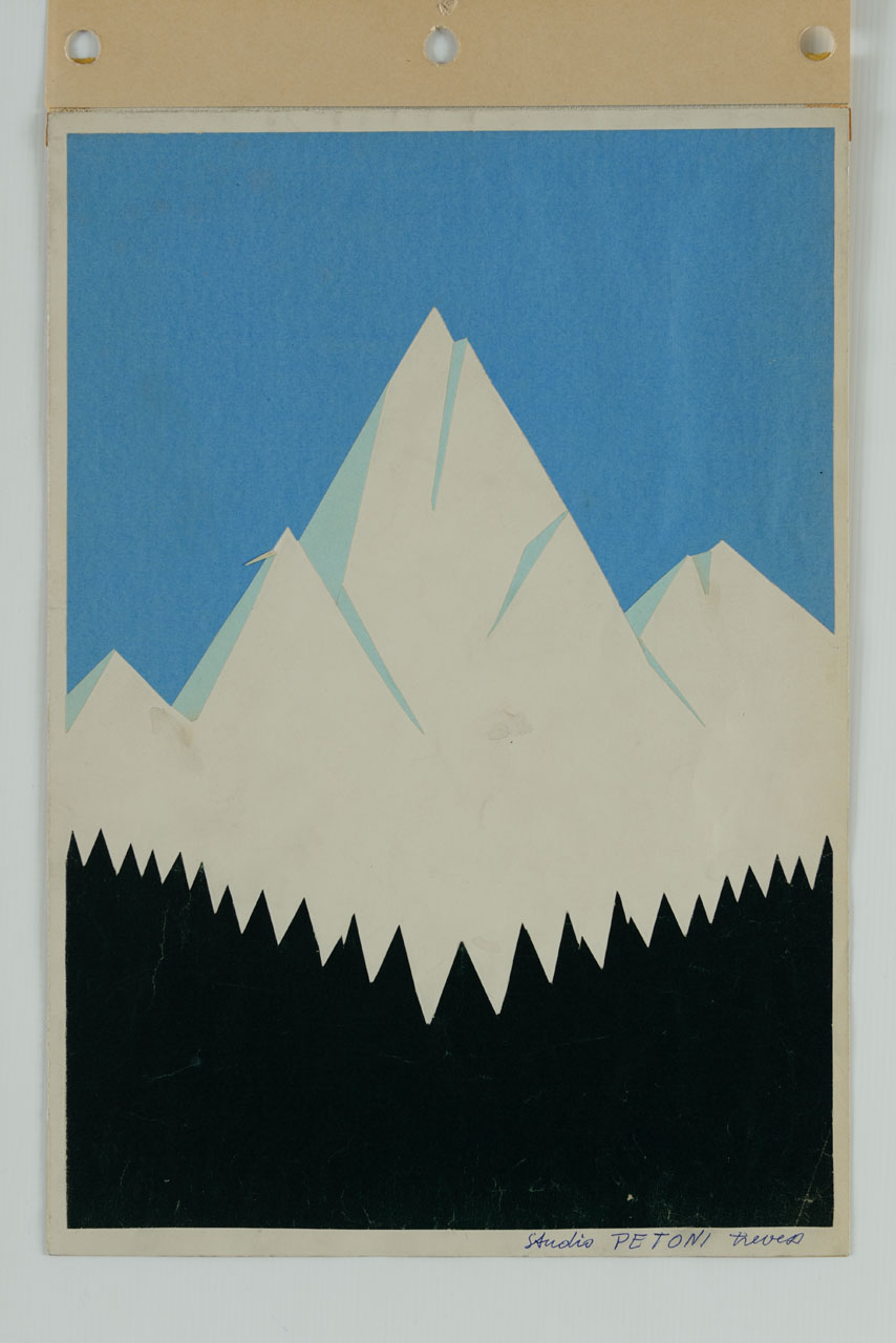 Veduta di montagne, profilo di alberi si staglia contro una montagna innevata profilata dal cielo azzurro (collage, opera isolata) di Perissinotto Antonio - ambito italiano (sec. XX)