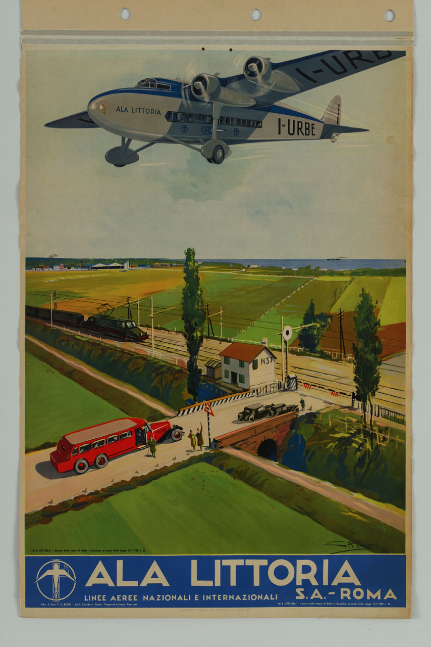 veduta di campi con treno, automobili, nave in lontananza sorvolati da un aereo (manifesto) di Ferrari Giulio (sec. XX)