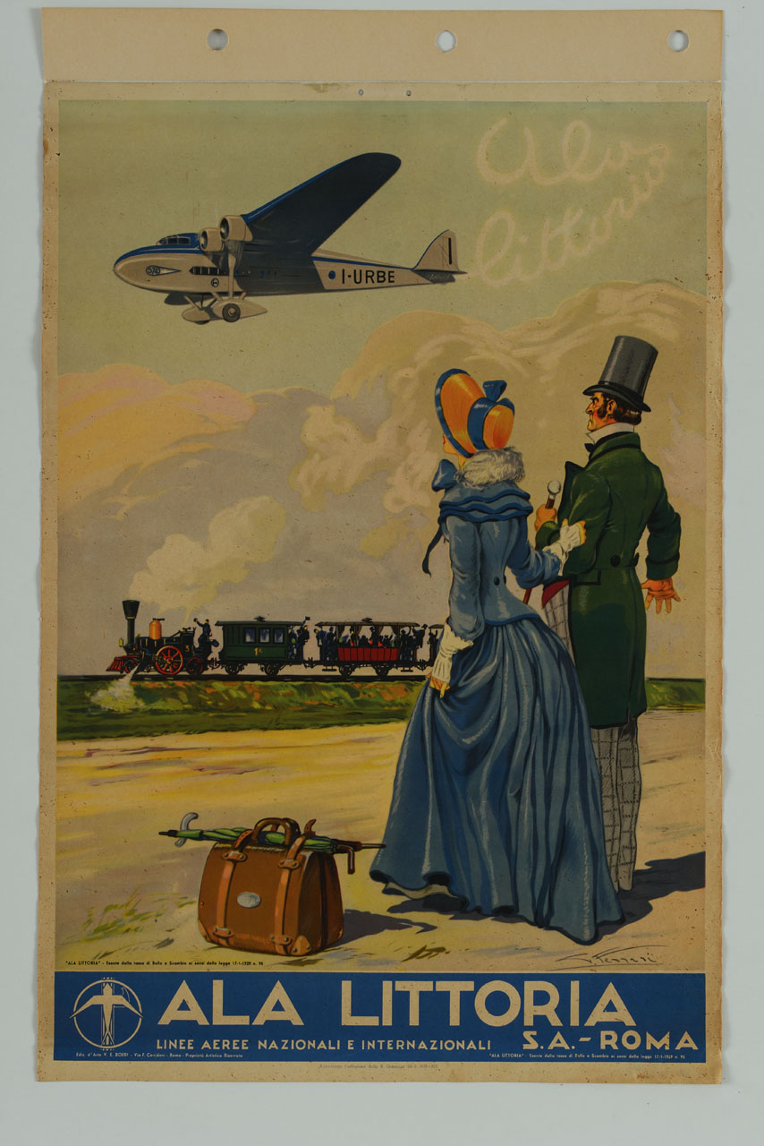 coppia elegantemente vestita osserva un treno in corsa e un aereo in volo (manifesto) di Ferrari Giulio (sec. XX)