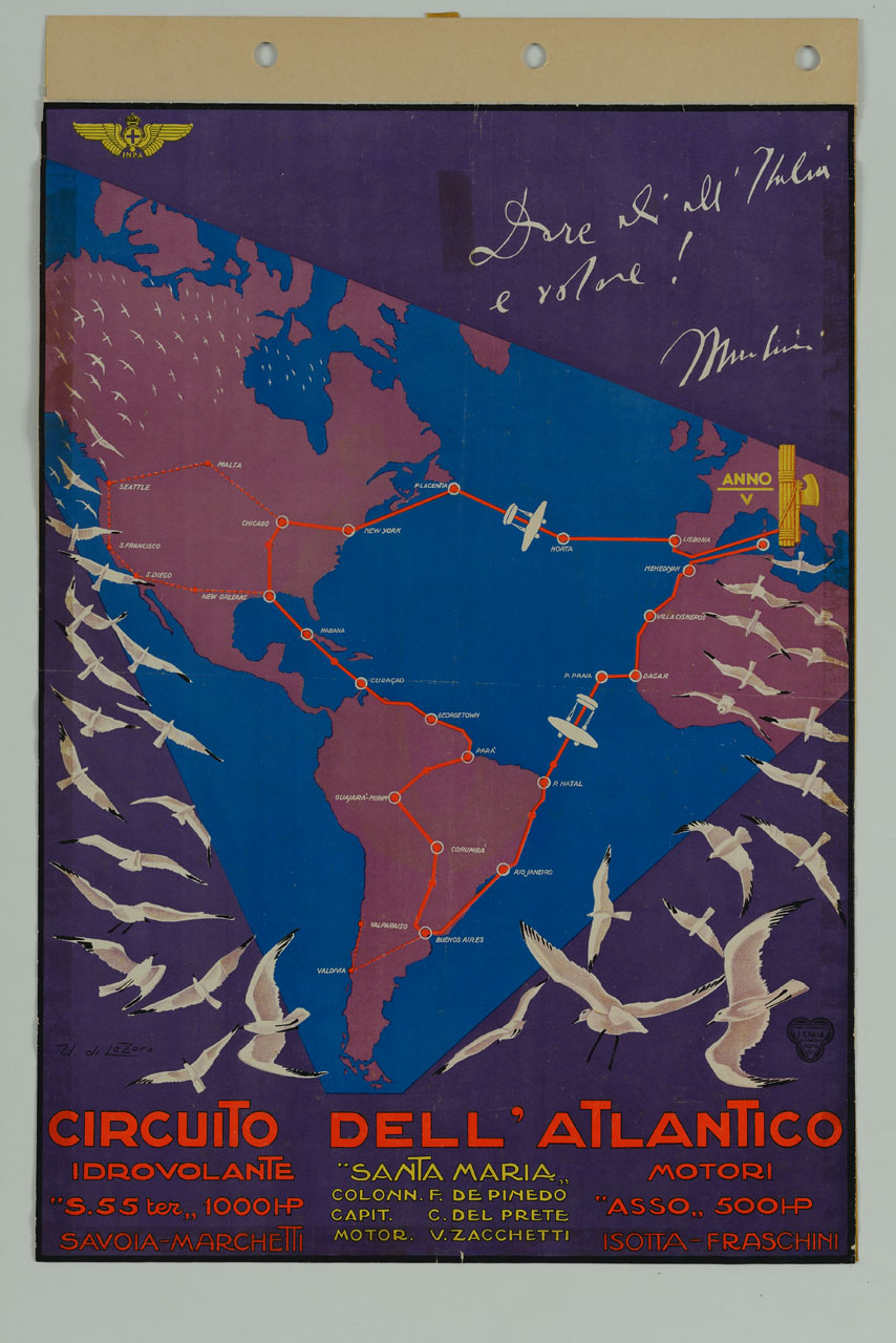 gabbiani volano intorno ad un triangolo racchiudente i continenti interessati dalla gara e la rotta (manifesto) di Di Lazzaro Umberto (sec. XX)