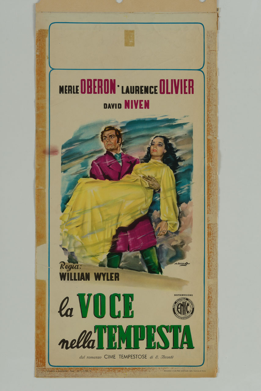 un uomo elegantemente vestito tiene tra le braccia una donna in abito giallo (manifesto) di Cesselon Angelo (sec. XX)