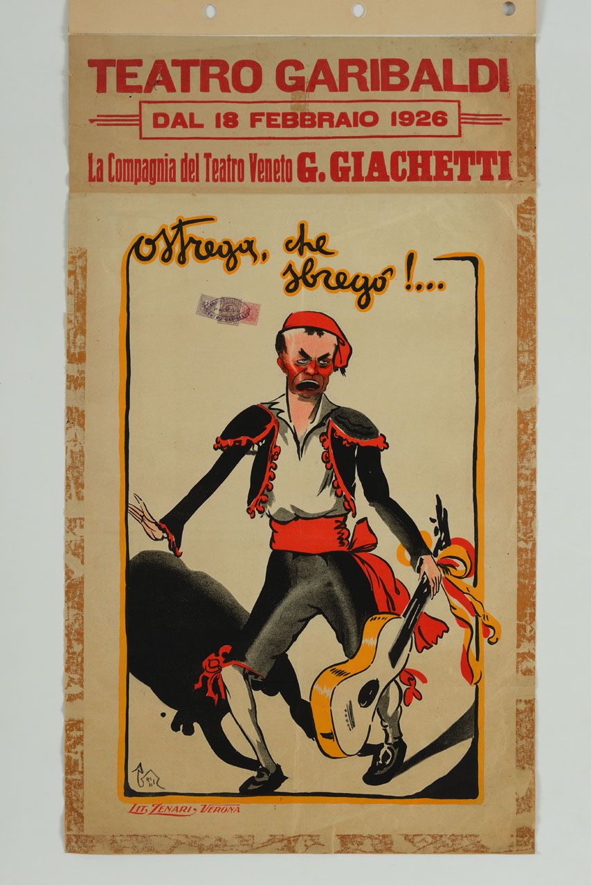 uomo in abiti spagnoleggianti e con espressione truce tiene una chitarra nella mano sinistra all’interno di una cornice lineare (manifesto) di Casarini Pino (sec. XX)