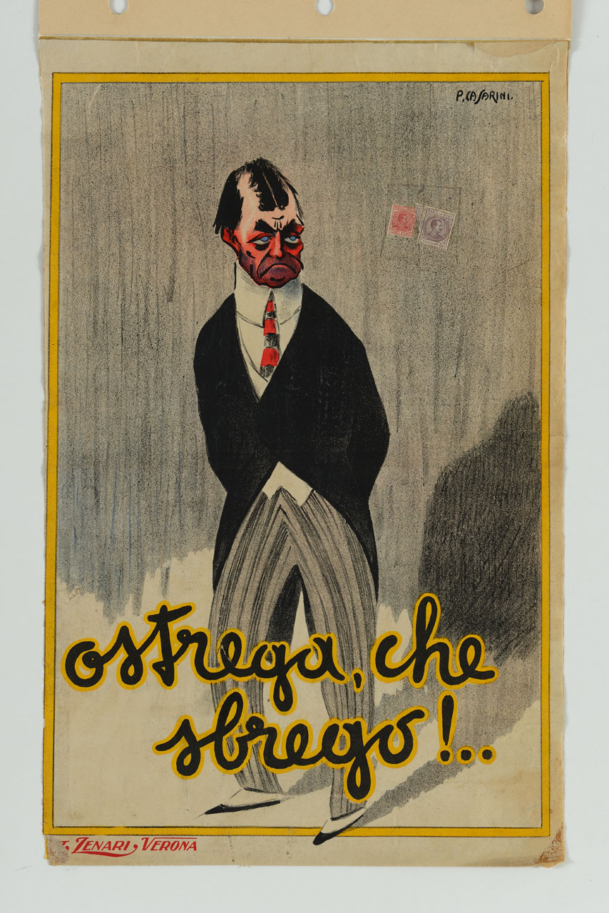 uomo in tight con espressione truce tiene le mani dietro la schiena (manifesto) di Casarini Pino (sec. XX)