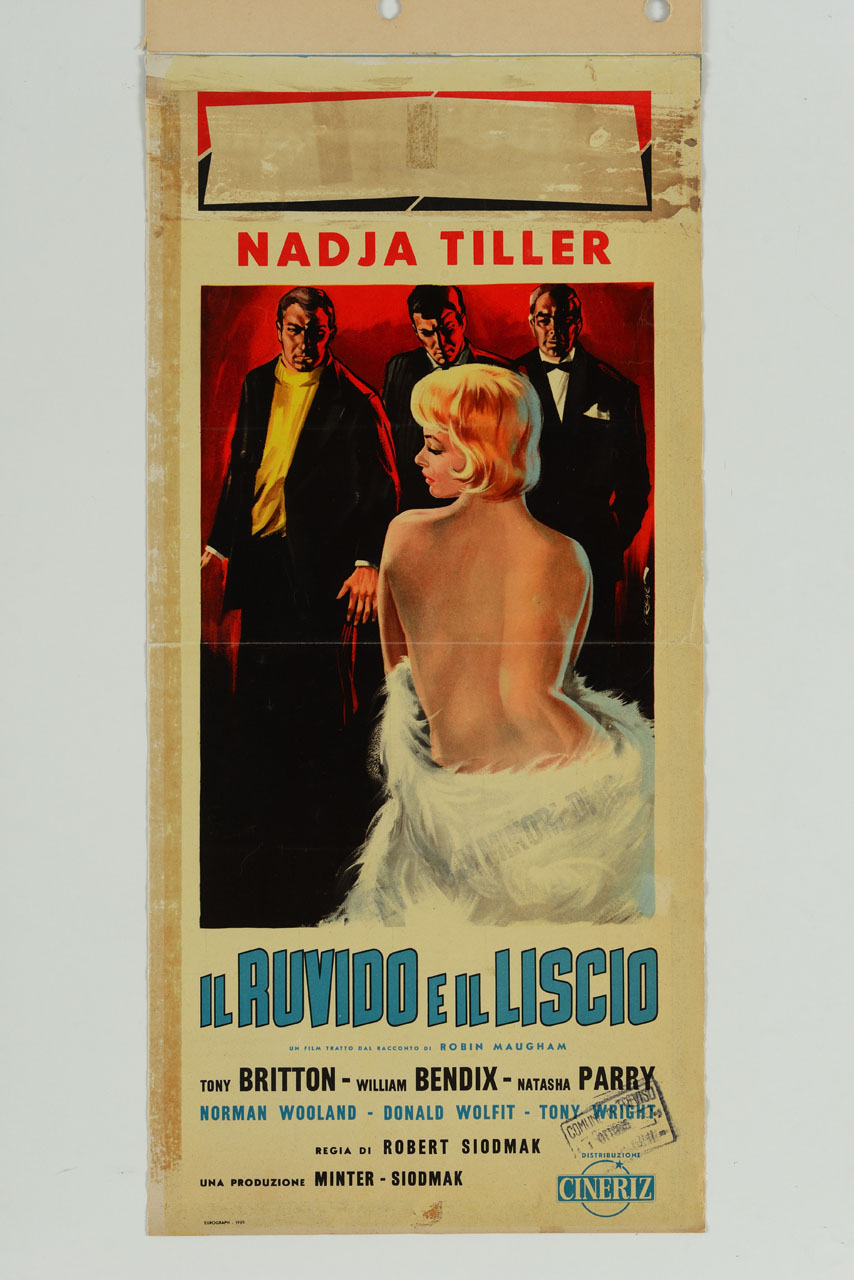 tre uomini osservano una donna seduta che mostra la schiena nuda (manifesto) di Renè - ambito italiano (sec. XX)