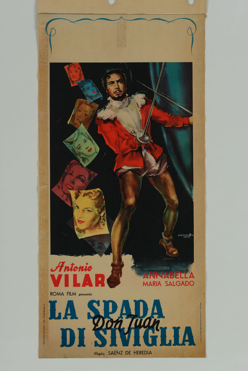 Antonio Vilar in costume combatte con la spada affiancato da sei ritratti di donne (manifesto) di Cesselon Angelo (sec. XX)