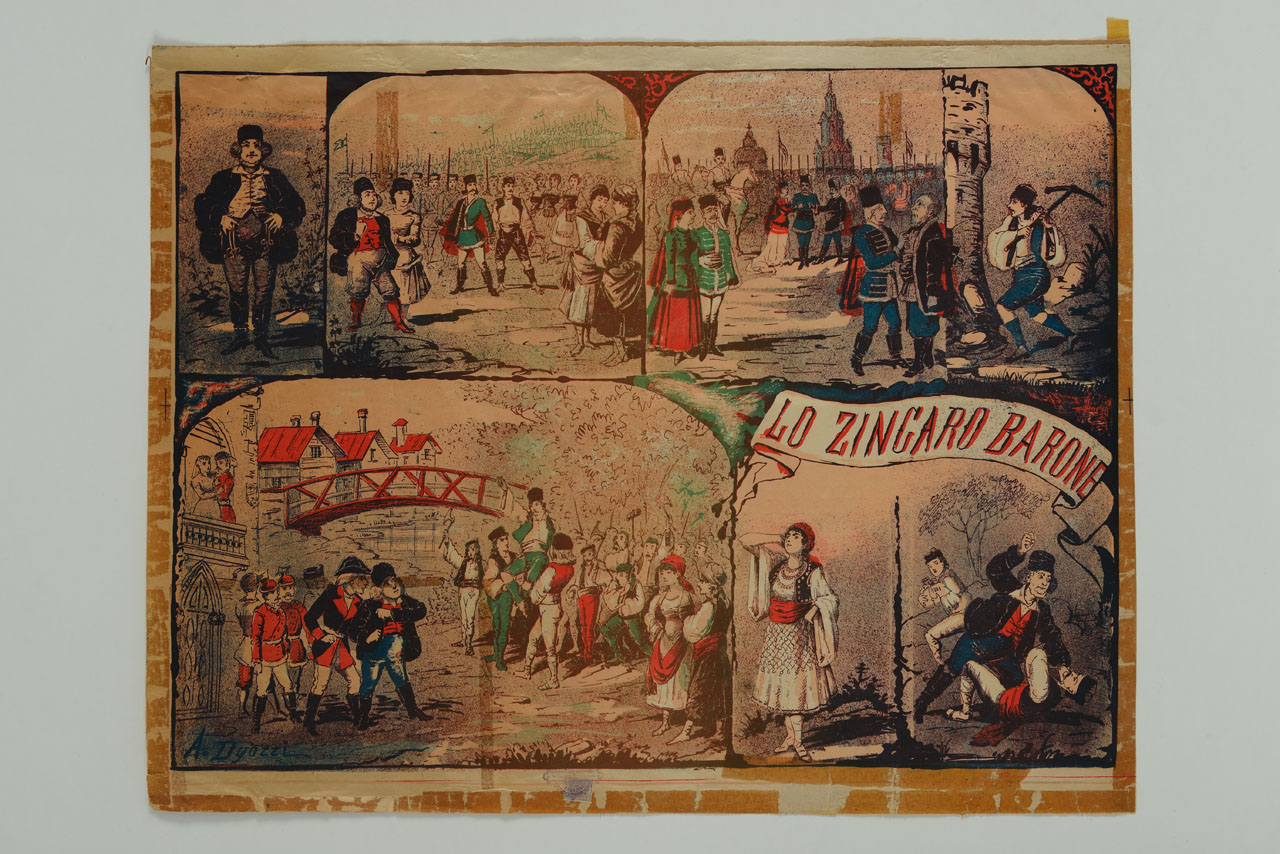 in sei riquadri sono raffigurate alcune avventure del protagonista (manifesto) di Dyozzi A - ambito italiano (sec. XIX)