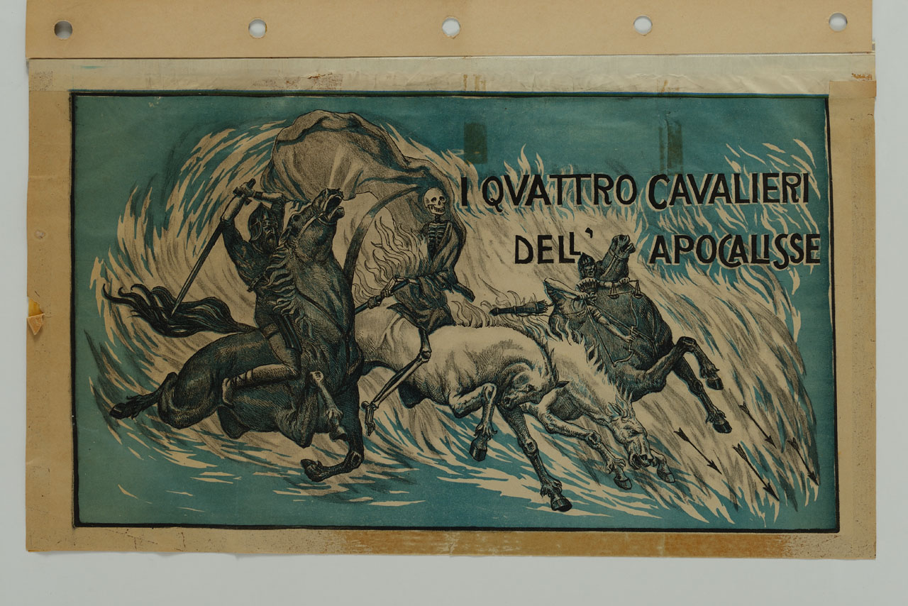 soldato a cavallo affiancato da uno scheletro e da un altro uomo a cavallo brandisce una spada (manifesto) - ambito italiano (sec. XX)