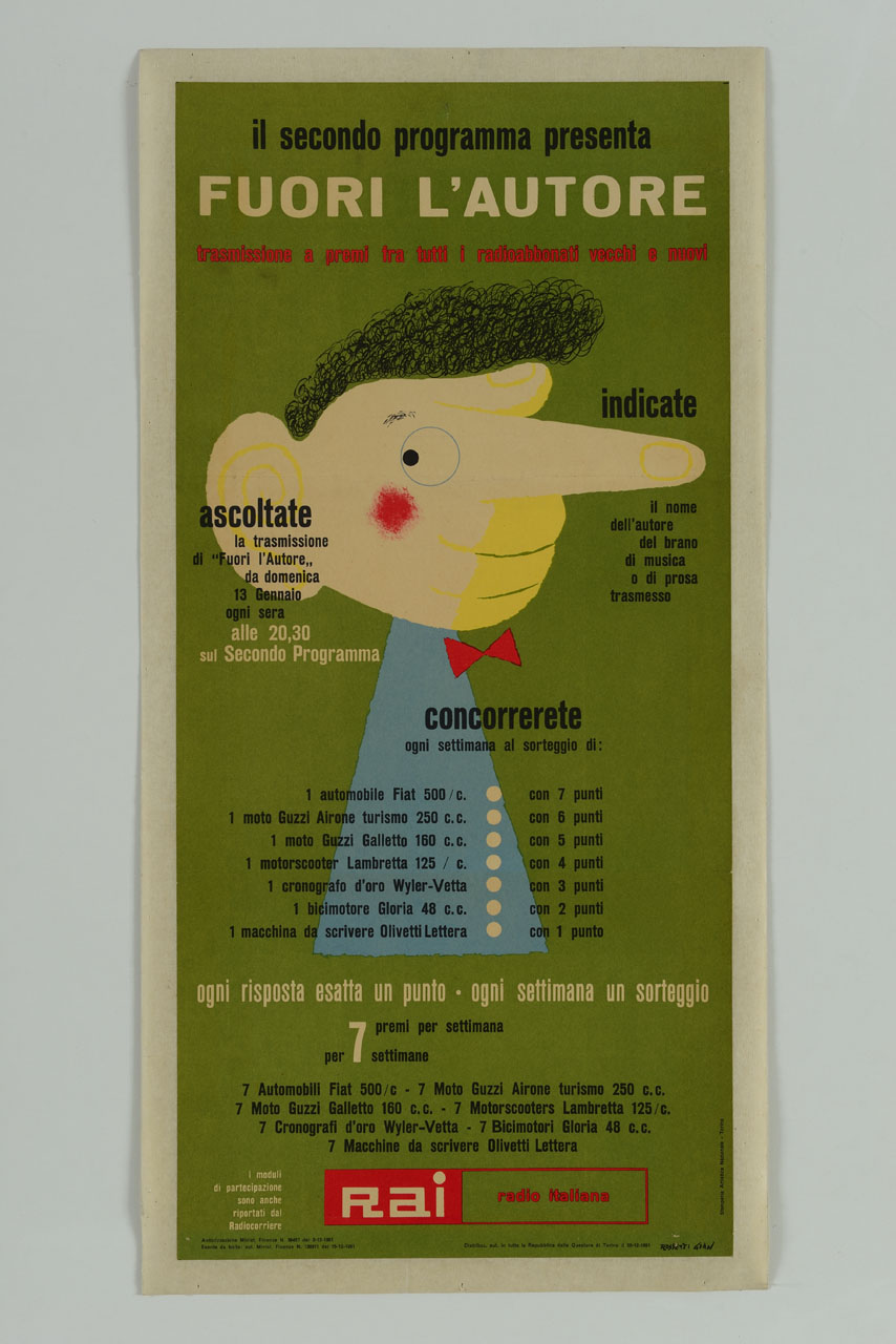 sagoma di uomo con il volto sostituito dalla mano con l’indice puntato e il polso a mo’ di orecchio (manifesto) di Rossetti Gian Carlo (sec. XX)