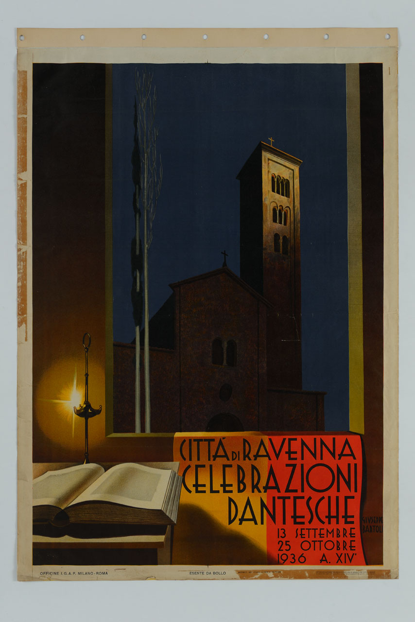 leggio con libro illuminato da fiorentina sullo sfondo della basilica di San Francesco in Ravenna (manifesto) di Bartoli Giuseppe (sec. XX)