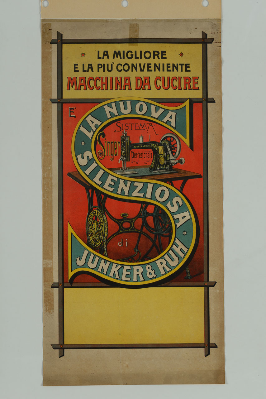 lettera S sovrapposta a macchina per cucire con mobile e inserita in cornice a listelli (manifesto) - ambito italiano (sec. XX)