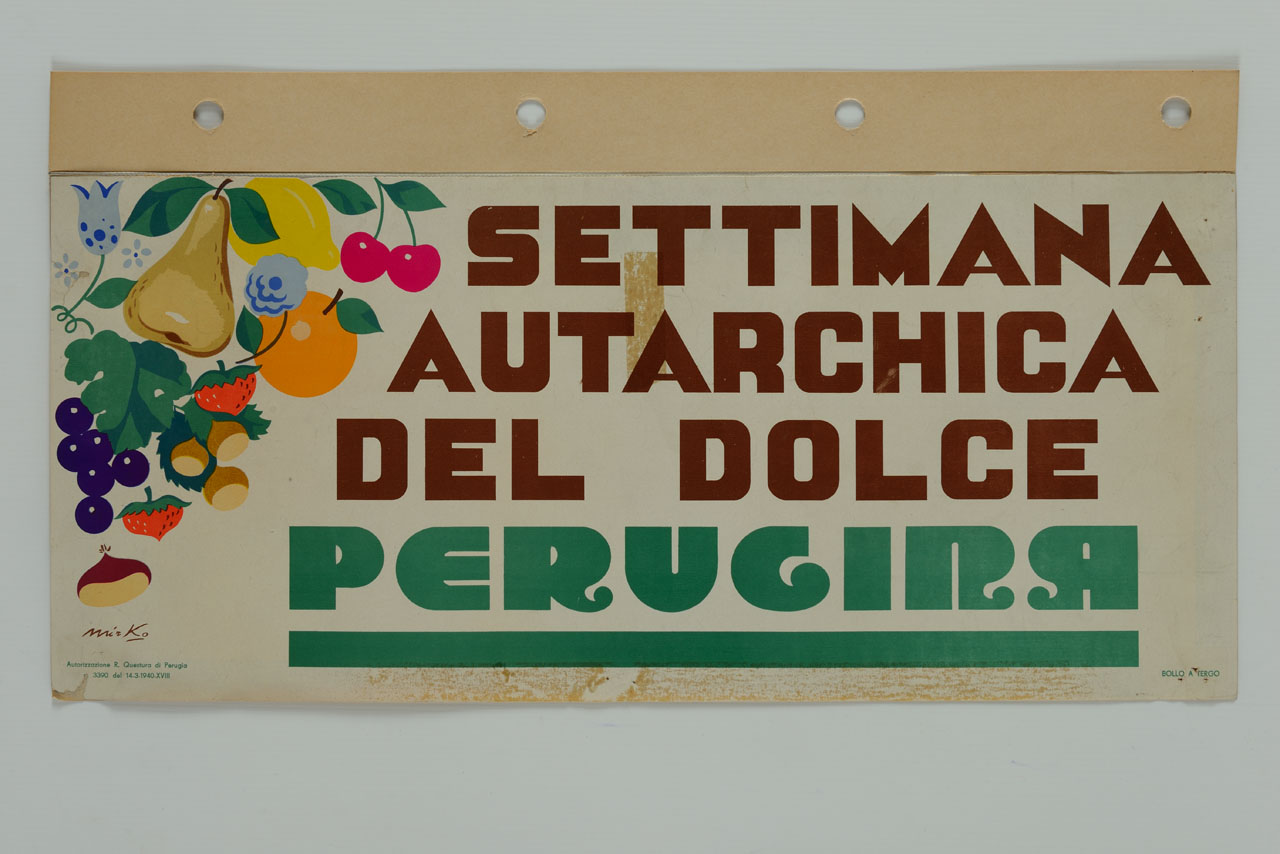 cascata di frutti e fiori: castagne, fragole, uva, arancia, pera, limone e ciliegie (manifesto) di Artico Mirko (sec. XX)