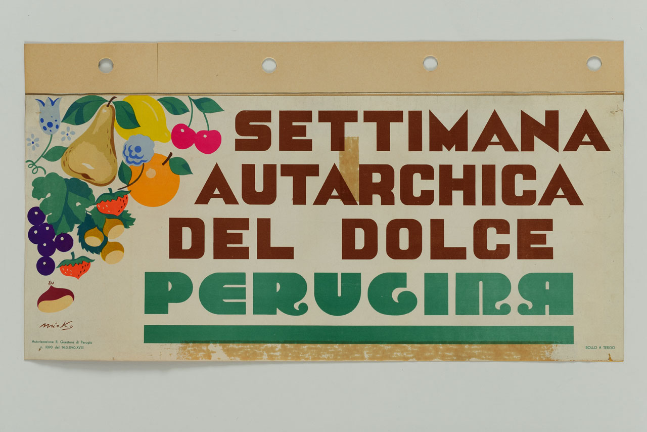 cascata di frutti e fiori: castagne, fragole, uva, arancia, pera, limone e ciliegie (manifesto) di Artico Mirko (sec. XX)