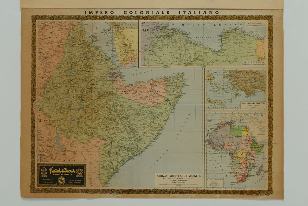 carta geografica dell’Africa orientale e riquadri con la Libia settentrionale, le Isole italiane dell’Egeo e l’Africa politica entro cornice a motivi vegetali (manifesto) - ambito piemontese (sec. XX)
