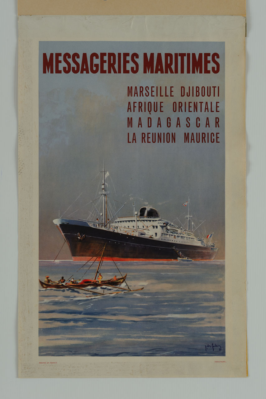 nave a remi in navigazione sullo sfondo di una motonave (manifesto) di des Gachons Jacques (sec. XX)