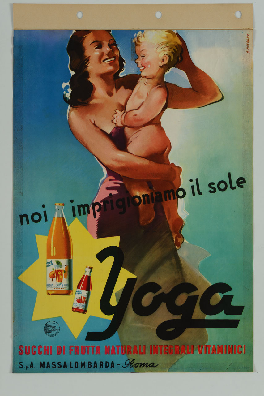 bottiglie di succo di frutta e stella gialla sovrapposte a una mamma che sorregge e accarezza il proprio bambino (manifesto) di Patrone Giovanni (sec. XX)