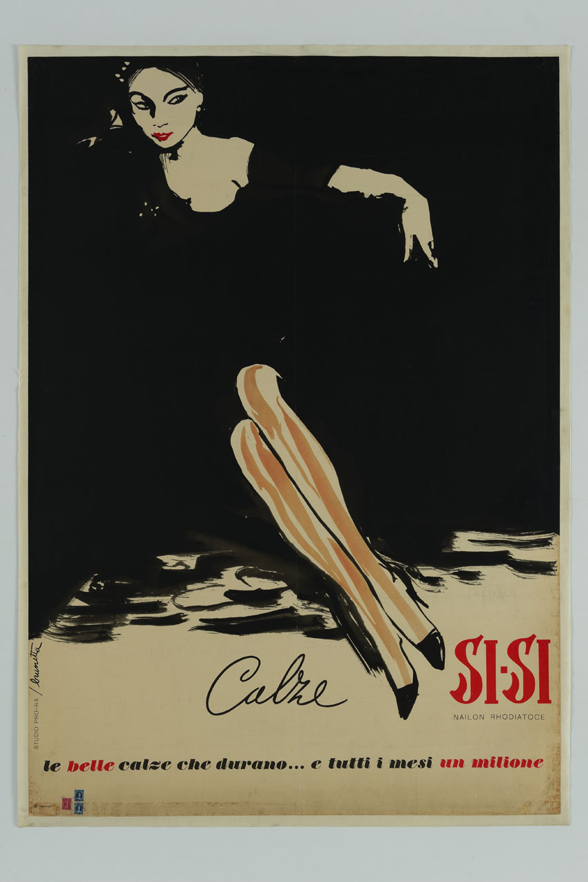 donna in abito nero seduta con gambe accavallate su sfondo nero (manifesto) di Moretti Bruna detta Brunetta (sec. XX)