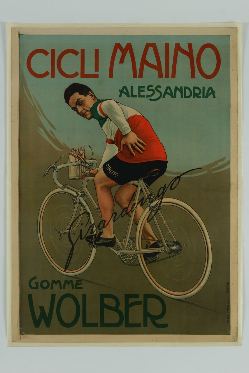 Costante Girardengo con la maglia tricolore in bicicletta da corsa (manifesto) - ambito italiano (sec. XX)