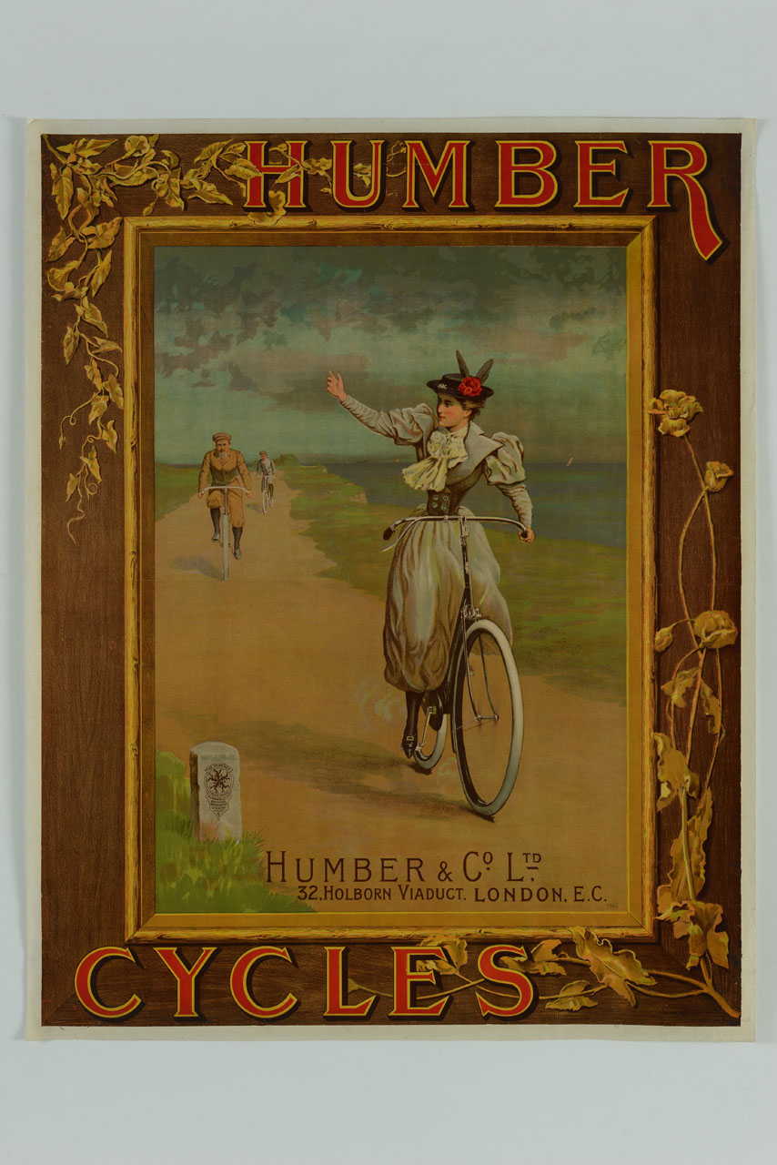 donna uomo e ragazzo in bicicletta lungo una strada costiera entro cornice con motivi vegetali (manifesto) - ambito inglese (sec. XIX)