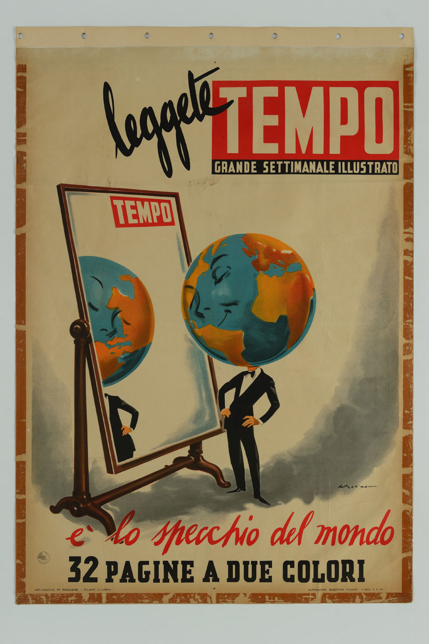 uomo con testa a forma di globo terrestre davanti a uno specchio (manifesto) di Molino Walter detto J.W. Symes (sec. XX)