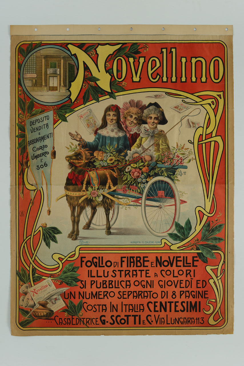 tre bambine su un calessino trainato da una capra (manifesto, stampa composita) di Simonetti U (sec. XIX)