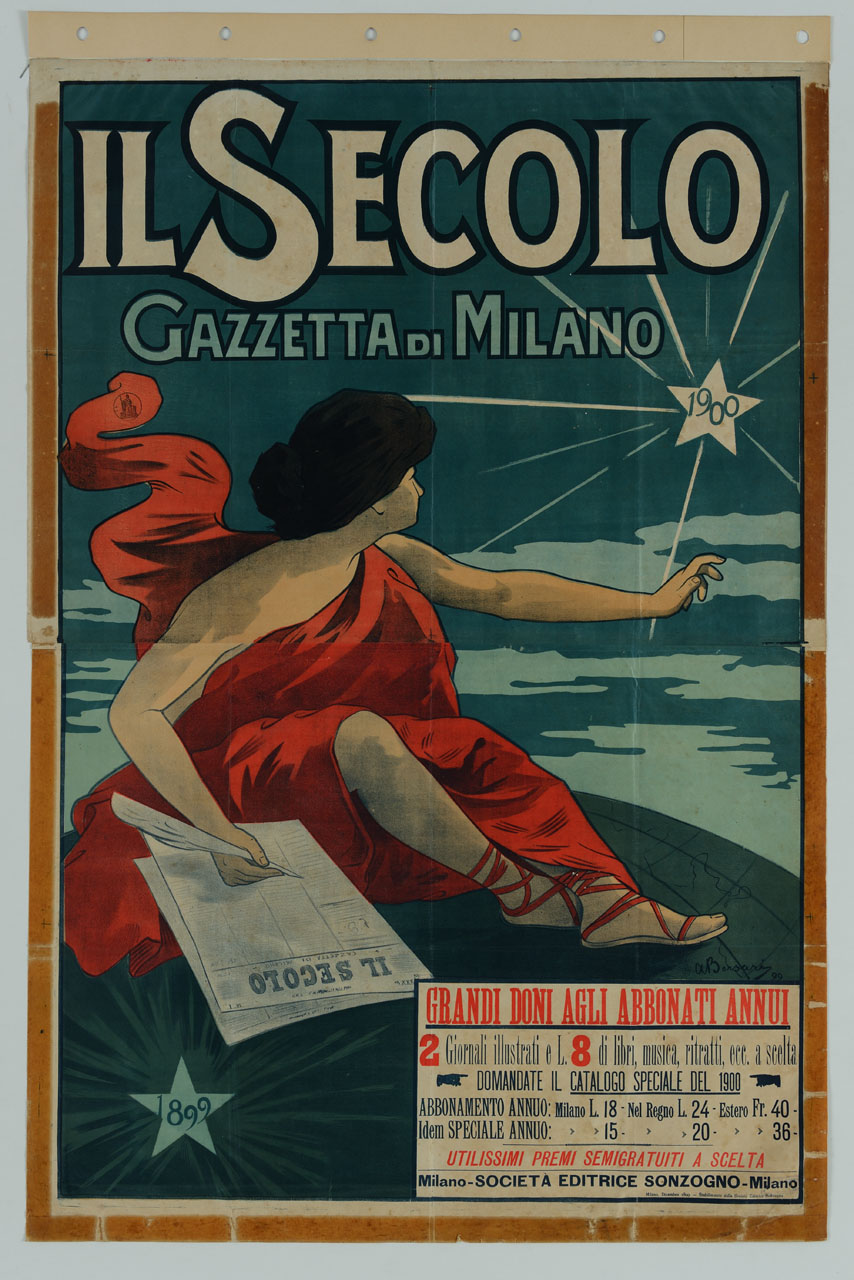 indovina seduta sul globo terrestre scrive su una pagina di giornale interrogando una stella (manifesto, stampa composita) di Borsari A (sec. XIX)