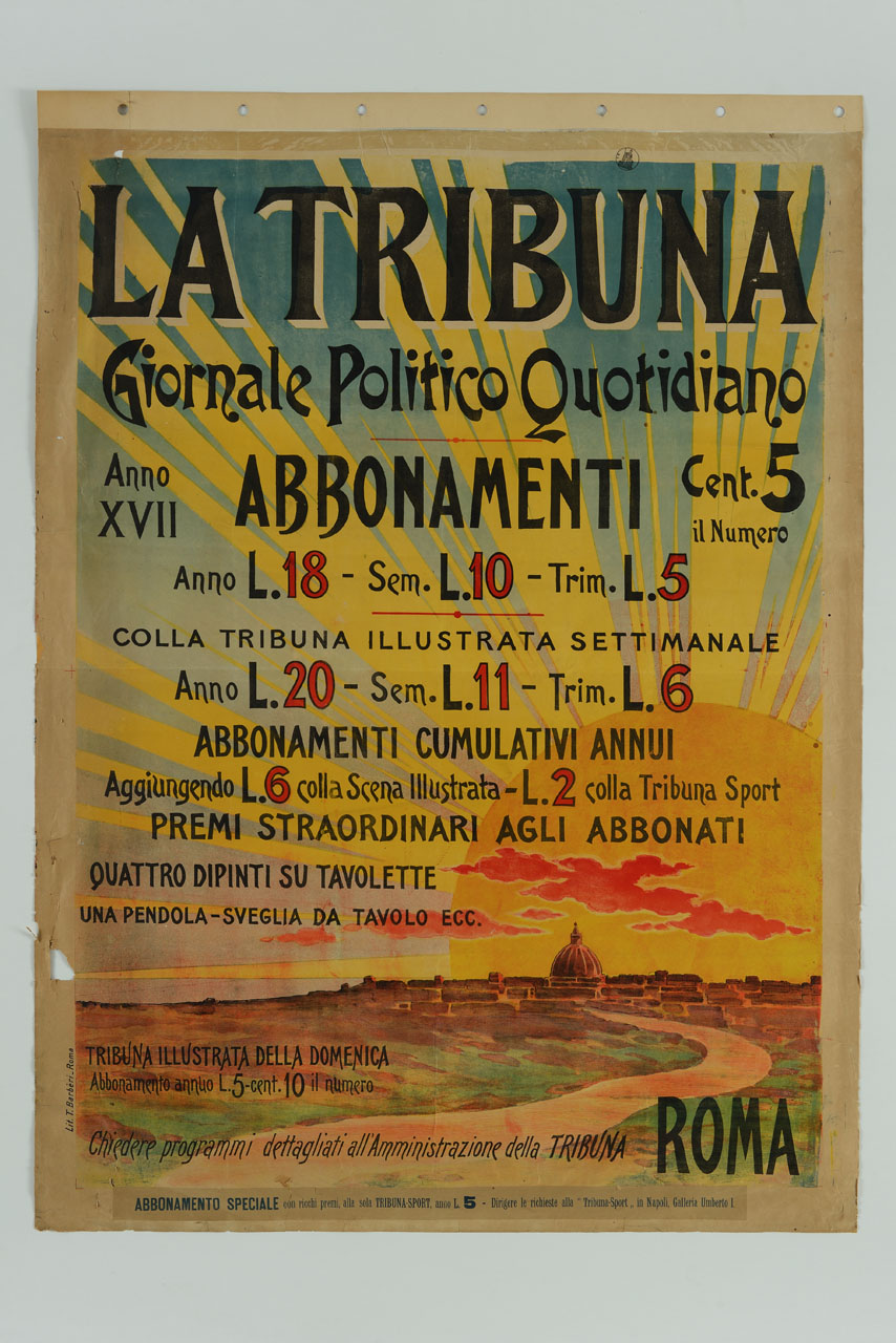 veduta di Roma sullo sfondo di un grande sole all'alba (manifesto) - ambito italiano (sec. XIX)