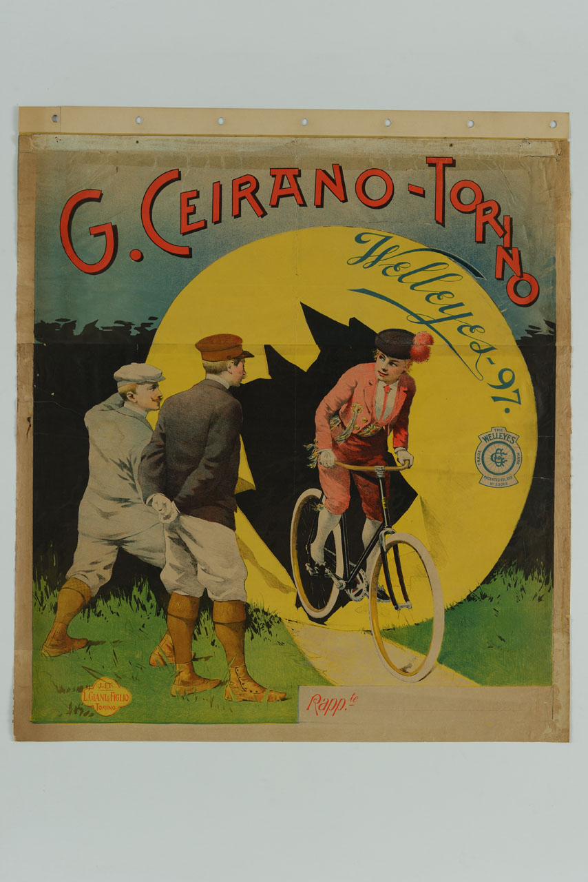 donna abbigliata da torero passa in bicicletta attraverso un cerchio di carta davanti a due uomini (manifesto, stampa composita) - ambito italiano (sec. XIX)