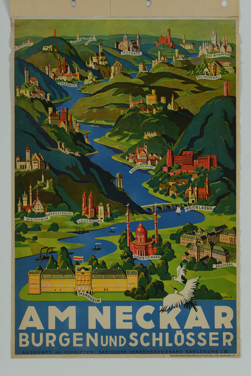 veduta stilizzata del paesaggio intorno a Neckar (manifesto) - ambito tedesco (sec. XX)