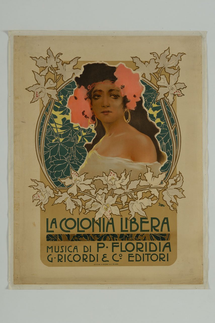 busto di donna dai lunghi capelli circondata da foglie stilizzate entro cornice circolare (manifesto) di Metlicovitz Leopoldo (sec. XX)