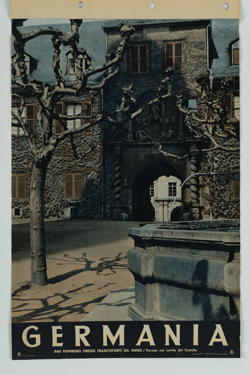 veduta del cortile del castello di Bad Homburg (manifesto) - ambito tedesco (metà sec. XX)