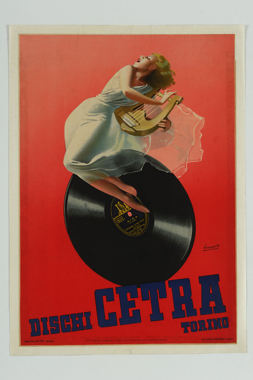 una giovane donna suona la cetra sovrapposta ad un disco musicale (manifesto) di Boccasile Gino (sec. XX)