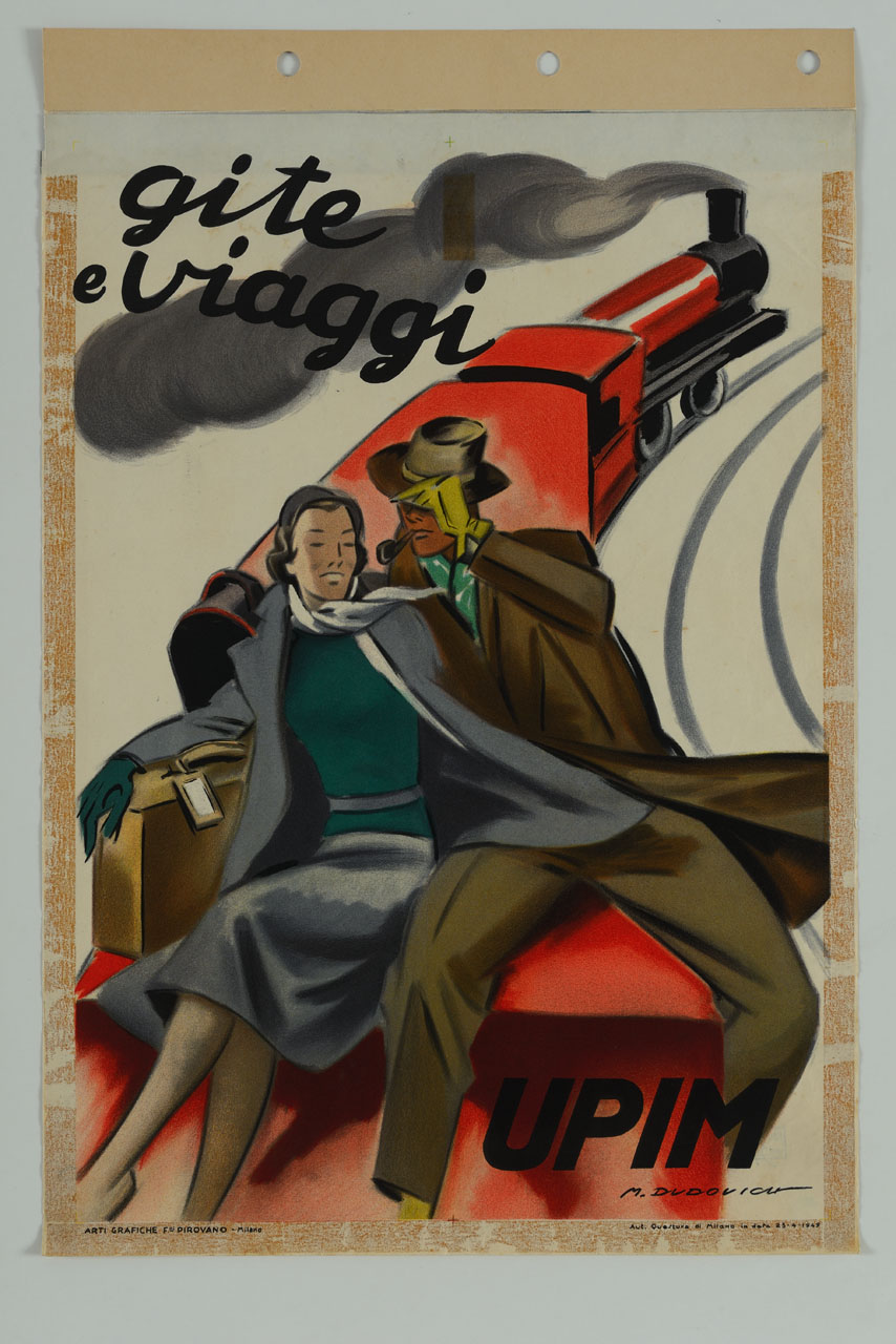 uomo abbraccia una donna mentre sono seduti su un treno in movimento (manifesto) di Dudovich Marcello (sec. XX)