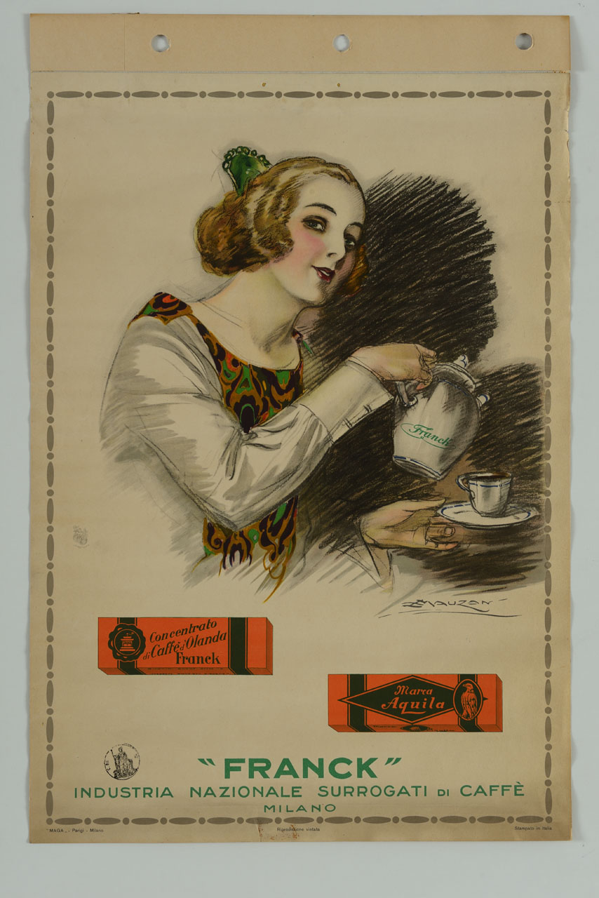 due confezioni di cartone sovrastate da una donna intenta a versare del caffè in una tazzina (manifesto) di Mauzan Achille Luciano, MAGA (sec. XX)
