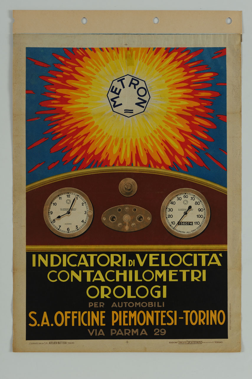 veduta di cruscotto con orologio e tachimetro sullo sfondo di un sole circondante un ottagono (manifesto) - ambito piemontese (sec. XX)