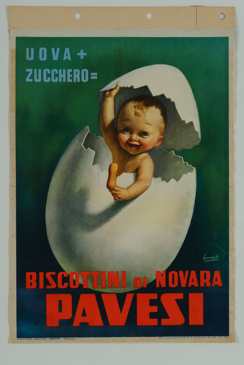 bimbo esce dal guscio di un uovo con un biscotto in mano (manifesto) di Boccasile Gino (sec. XX)