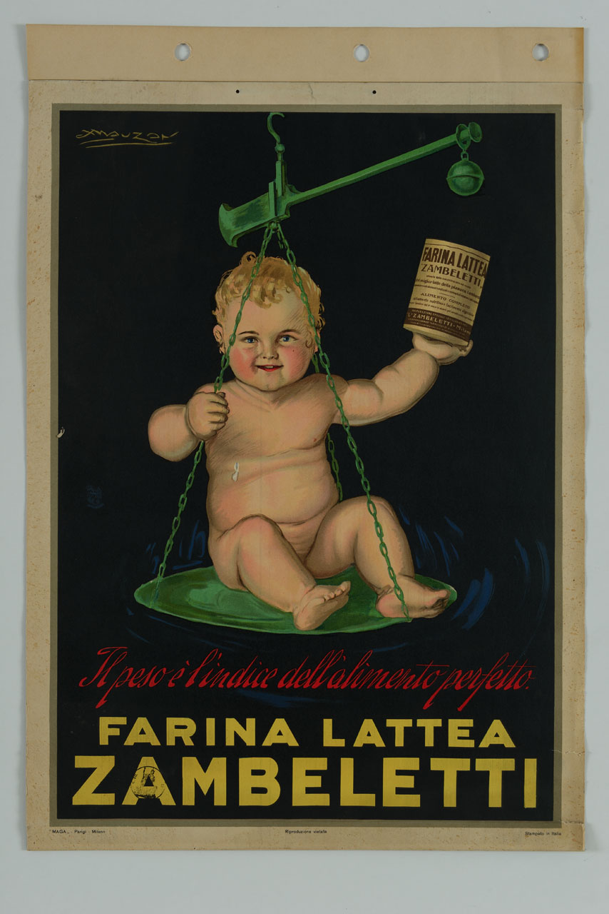 bambino seduto su una bilancia mostra barattolo di farina lattea (manifesto) di Mauzan Achille Luciano, MAGA (sec. XX)