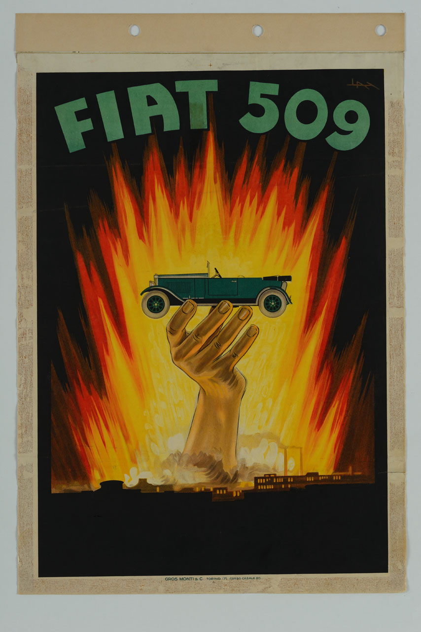 braccio regge automobile tra sagome di edifici con ciminiere sullo sfondo di alte fiamme (manifesto) di Metlicovitz Leopoldo (sec. XX)