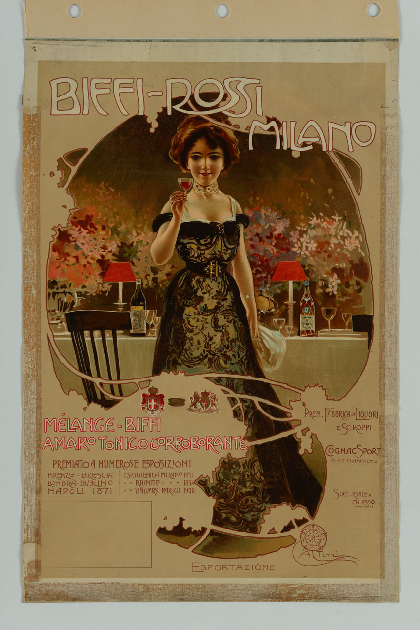 donna in elegante abito lungo mostra un bicchiere di liquore sullo sfondo di una tavola imbandita e di fiori (manifesto) di Terzi Aleardo (sec. XX)