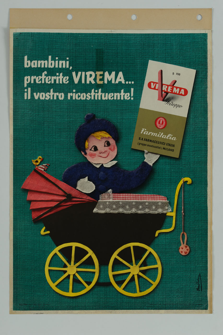 bambino vicino ad una carrozzina da neonato mostra una scatola di sciroppo su uno sfondo a trama di tela (manifesto) di Jordan Paul (sec. XX)