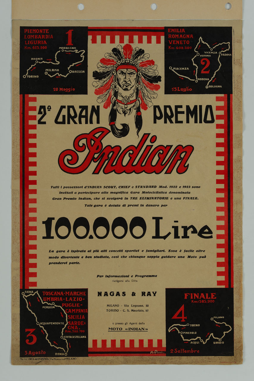 testa di indiano apache e tracciati dei percorsi di gara (manifesto) di Pomi Armando (sec. XX)