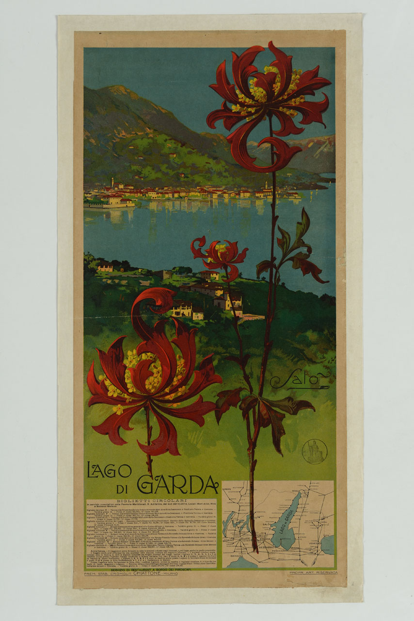 fiori sullo sfondo di una veduta di paesaggio con lago, città e montagne, in basso riquadro con i tracciati delle circolari (manifesto) - ambito lombardo (secc. XIX/ XX)